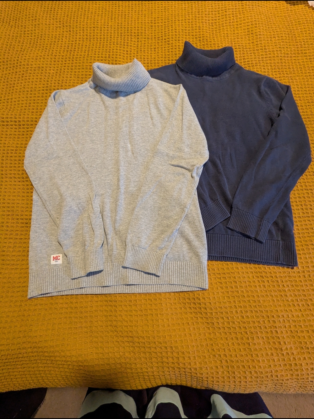 MC Kids' Turtleneck Sweater - Light Gray and Navy, 9-10, 140
